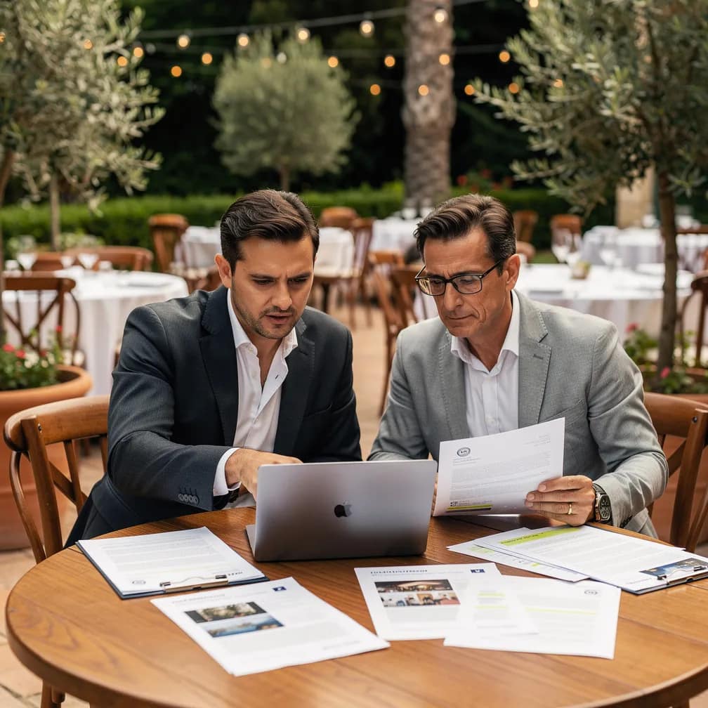 Responsabile di una location per eventi e consulente legale mentre controllano sito e offerta commerciale di un ristorante con giardino