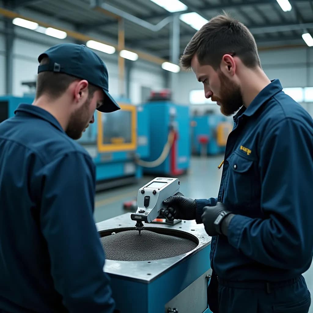 Tecnico controlla la concentrazione del refrigerante su un centro di lavoro CNC in officina
