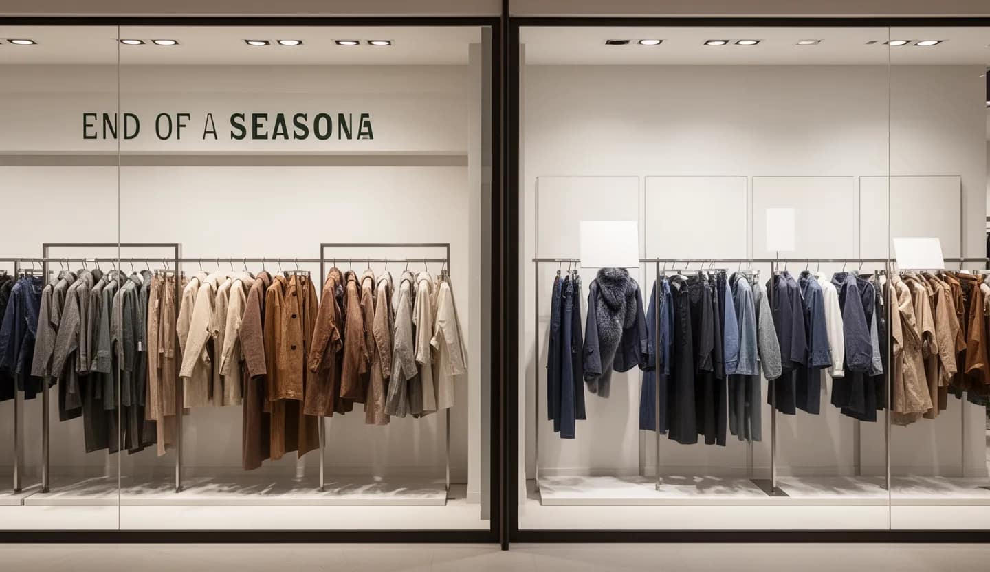 Due esposizioni di abbigliamento in un negozio, una dedicata alla merce di fine stagione e l’altra a una selezione promozionale