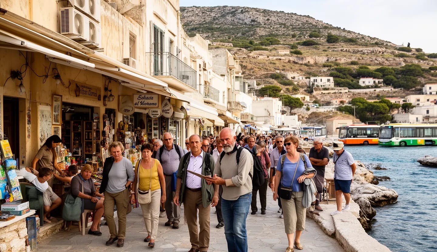 Piccolo gruppo di viaggiatori con una guida locale in un borgo costiero, tra attività del territorio e paesaggio naturale protetto