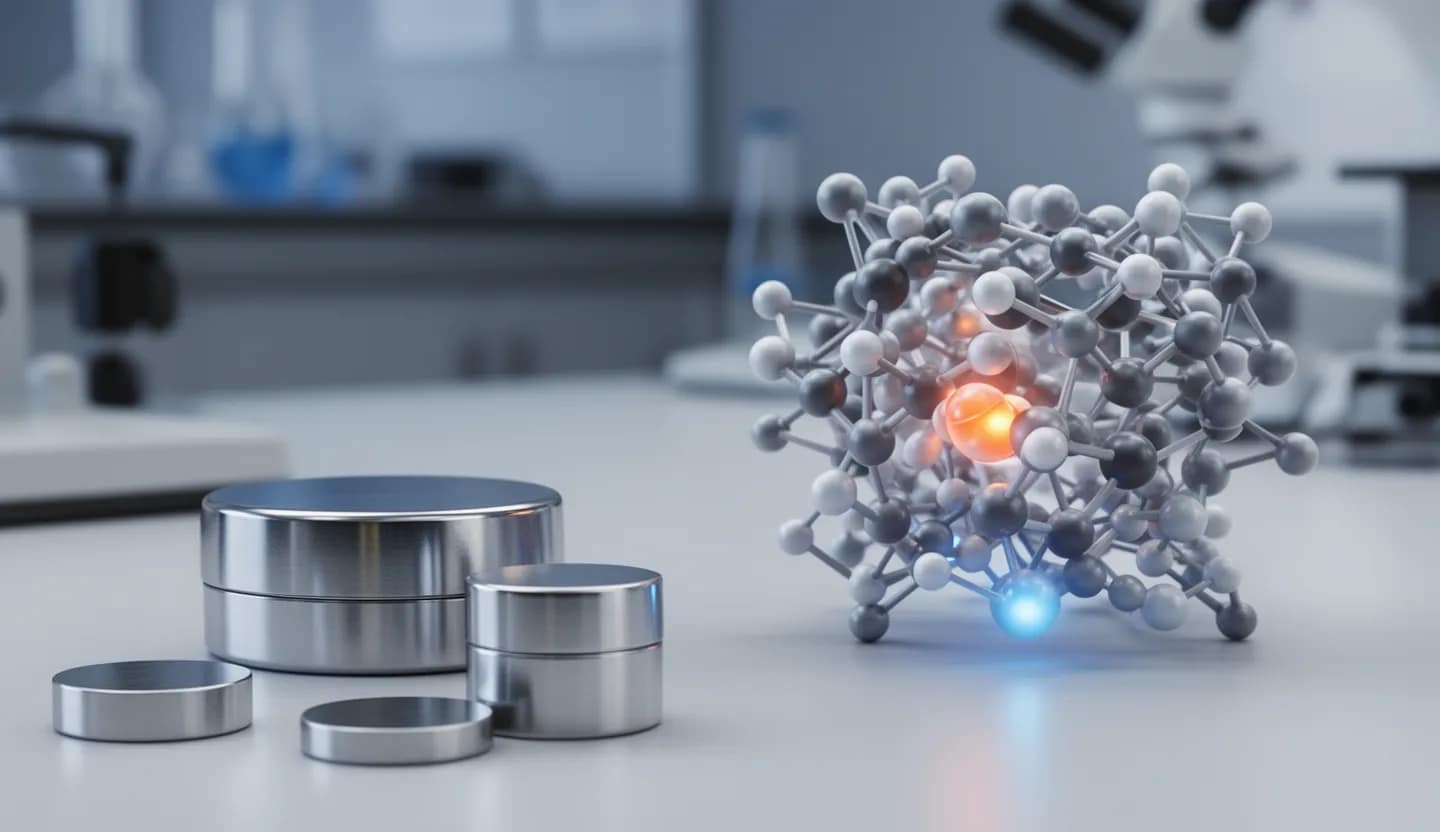 Campioni metallici accanto a un modello atomico con gli elettroni più esterni evidenziati su un tavolo da laboratorio