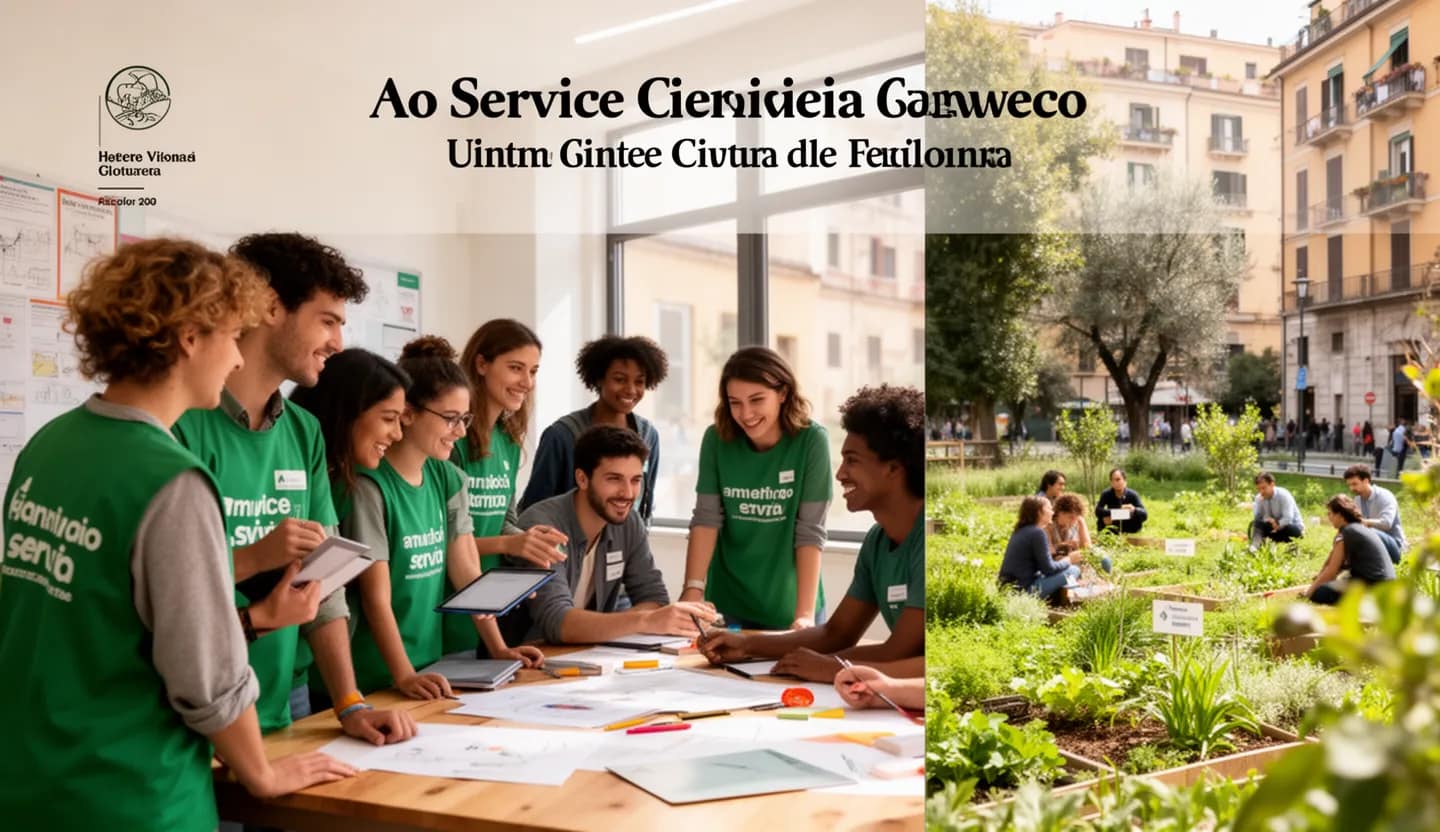 Giovani volontari del servizio civile collaborano in un centro comunitario vicino a uno spazio verde urbano