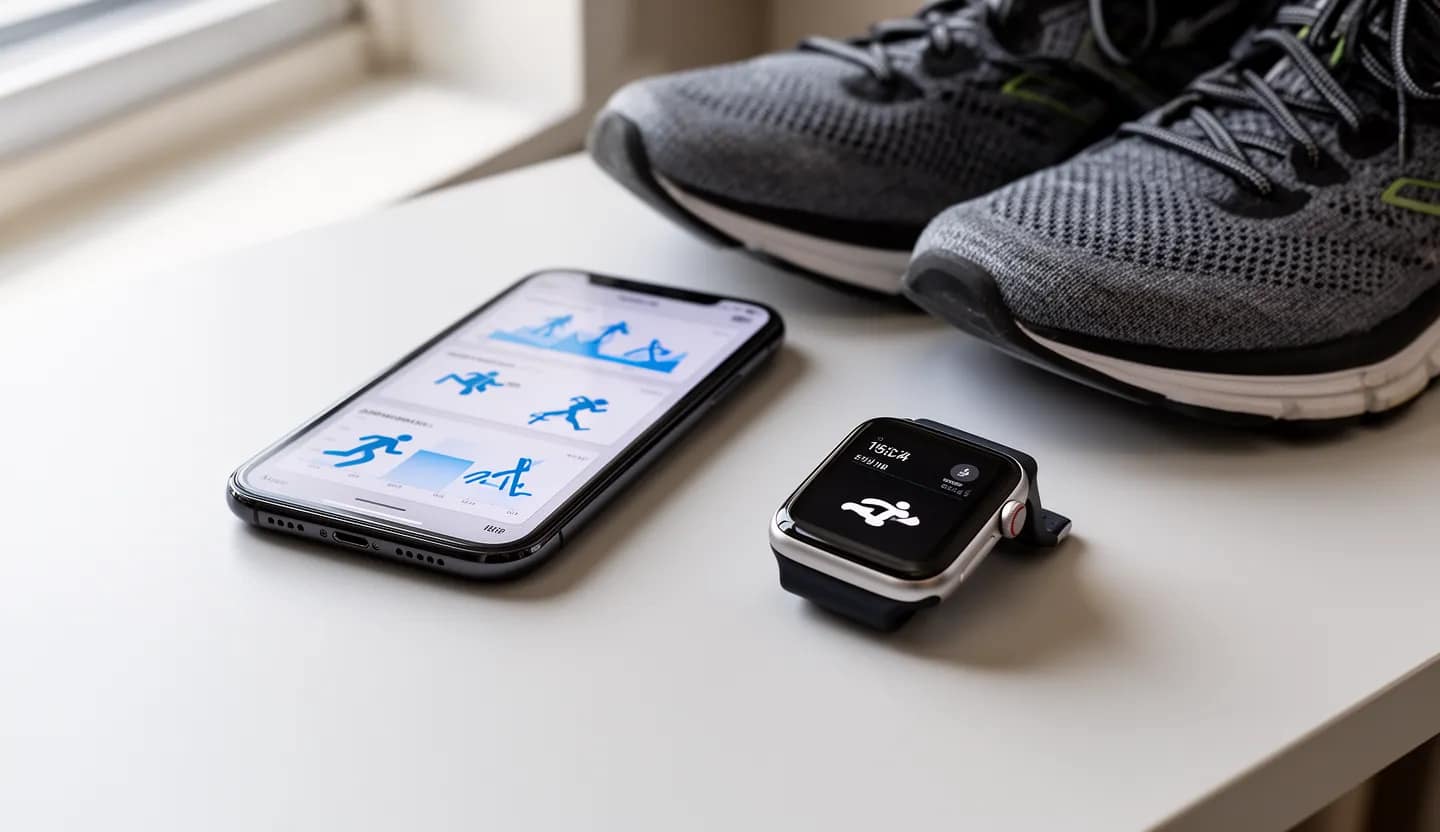 iPhone e Apple Watch accanto a scarpe da camminata con grafici generici dell’attività sugli schermi