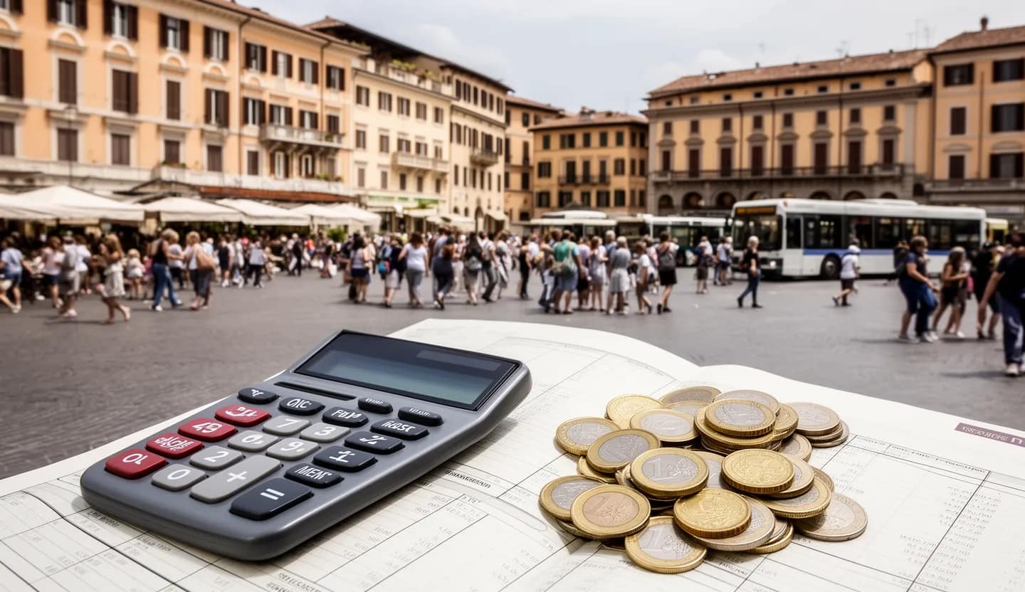 Piazza italiana frequentata da turisti con alberghi e ristoranti, mentre in primo piano compaiono una calcolatrice, monete in euro e un quaderno contabile