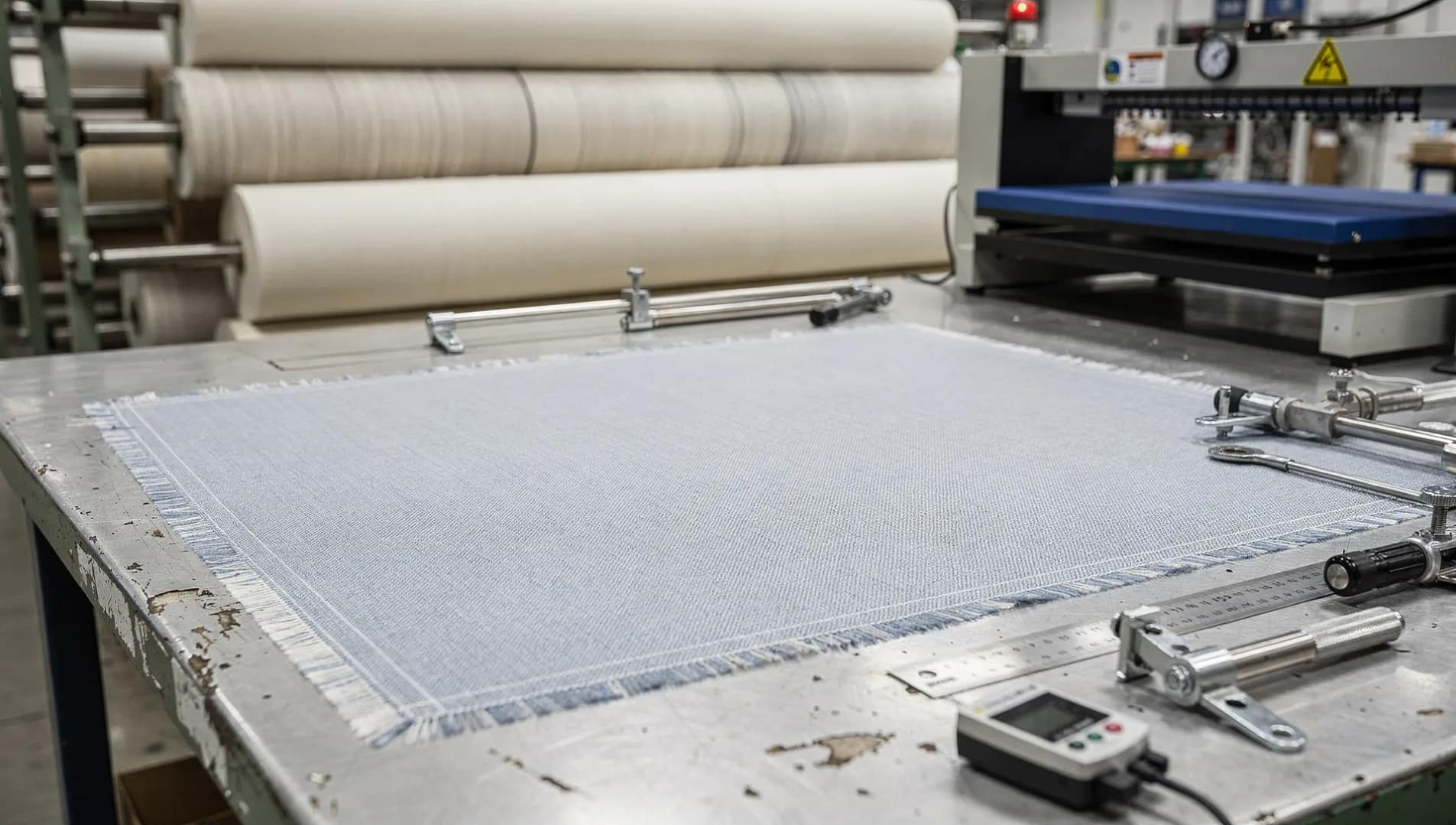 Campione di tessuto tecnico resinato controllato su banco di laboratorio in reparto tessile industriale